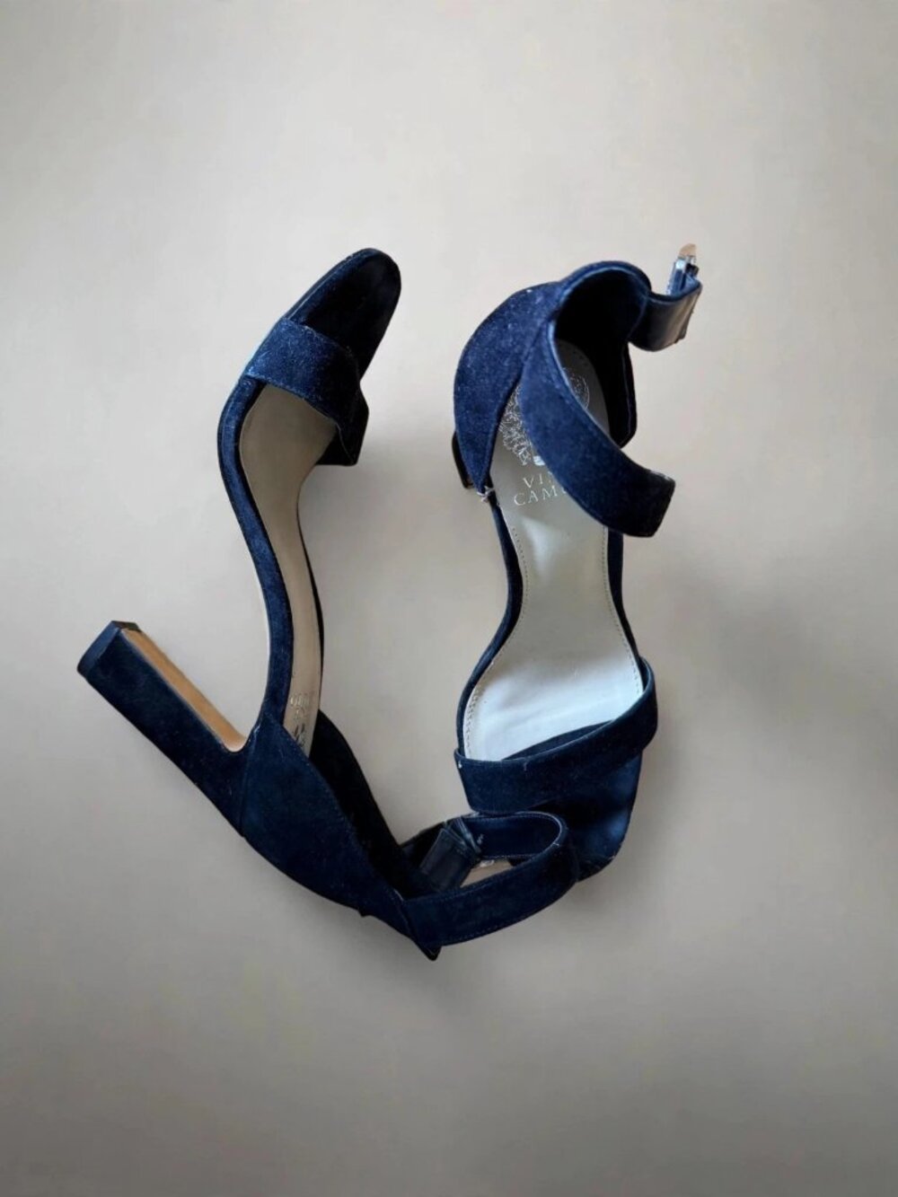 Vince Camuto Navy Blue Suede Ankle Strap Block Heel Sandals Size 8